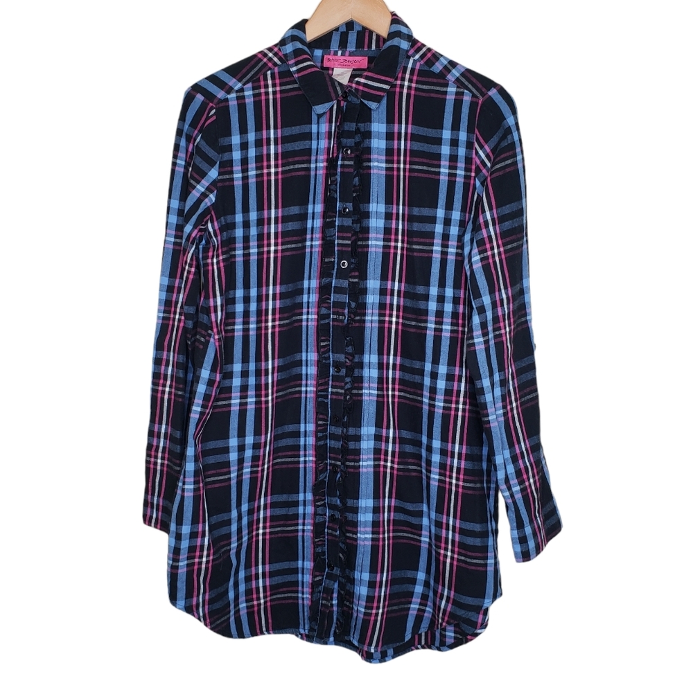 Betsey Johnson Intimates Plaid Flannel  Button Down Long Sleeve Nightshirt